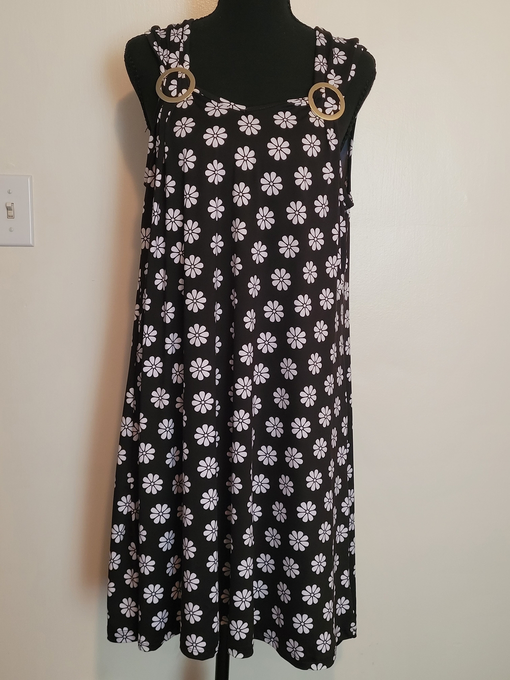 Black Floral Midi Dress with Ring Detail